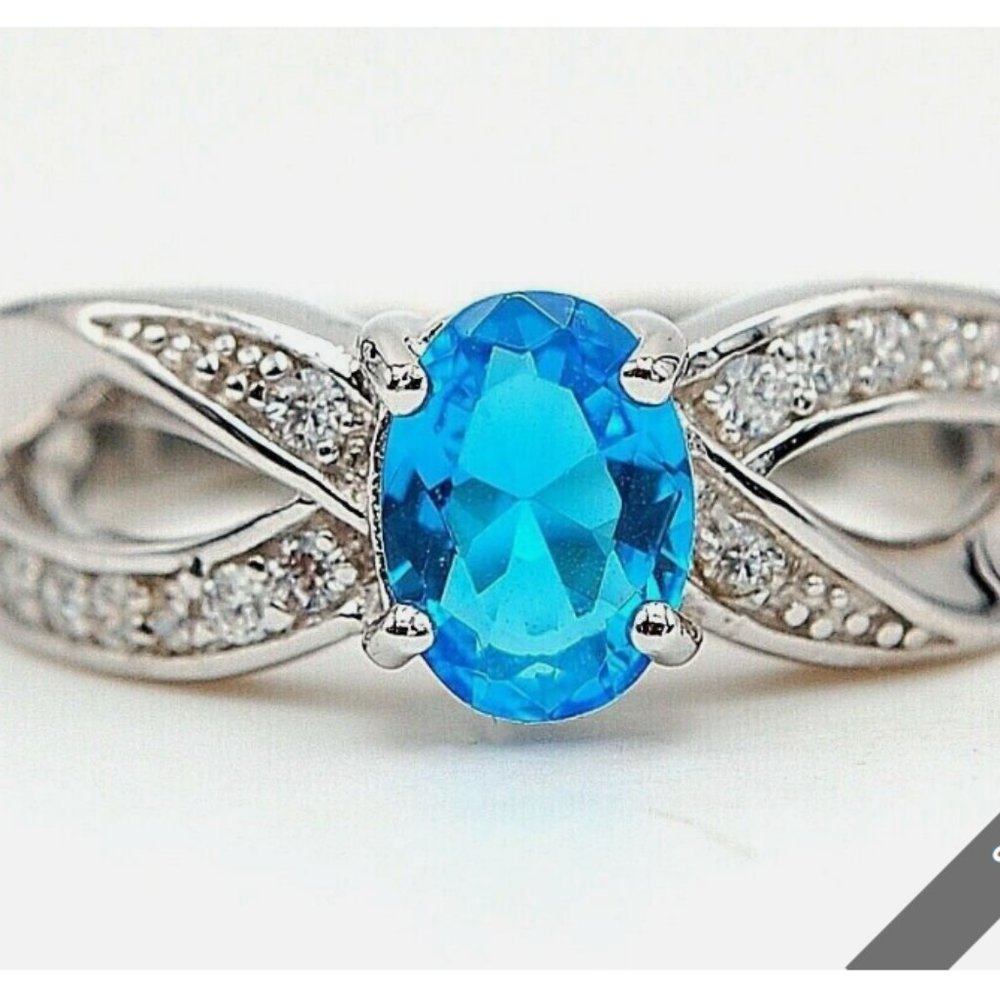 1Ct Blue Topaz &  White Topaz Sterling Silver Ring Size 8